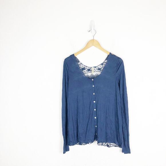 Free People Easy Breezy Jersey Lace Back Tee Smal Navy Blue Long Sleeve - Picture 3 of 13